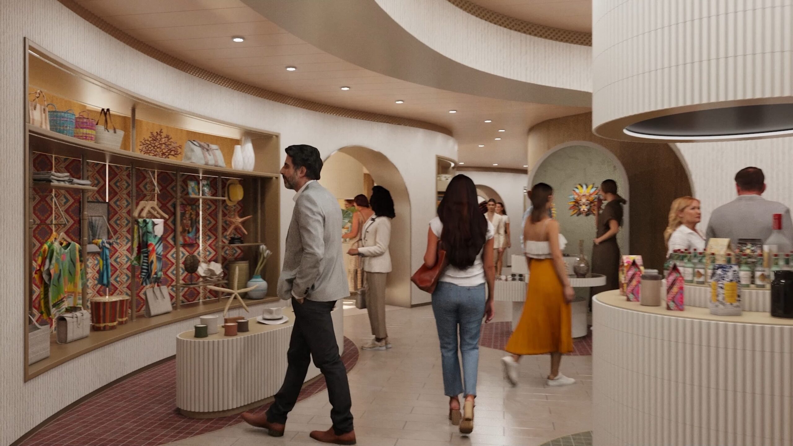 Interior of a busy market with people shopping and colorful products