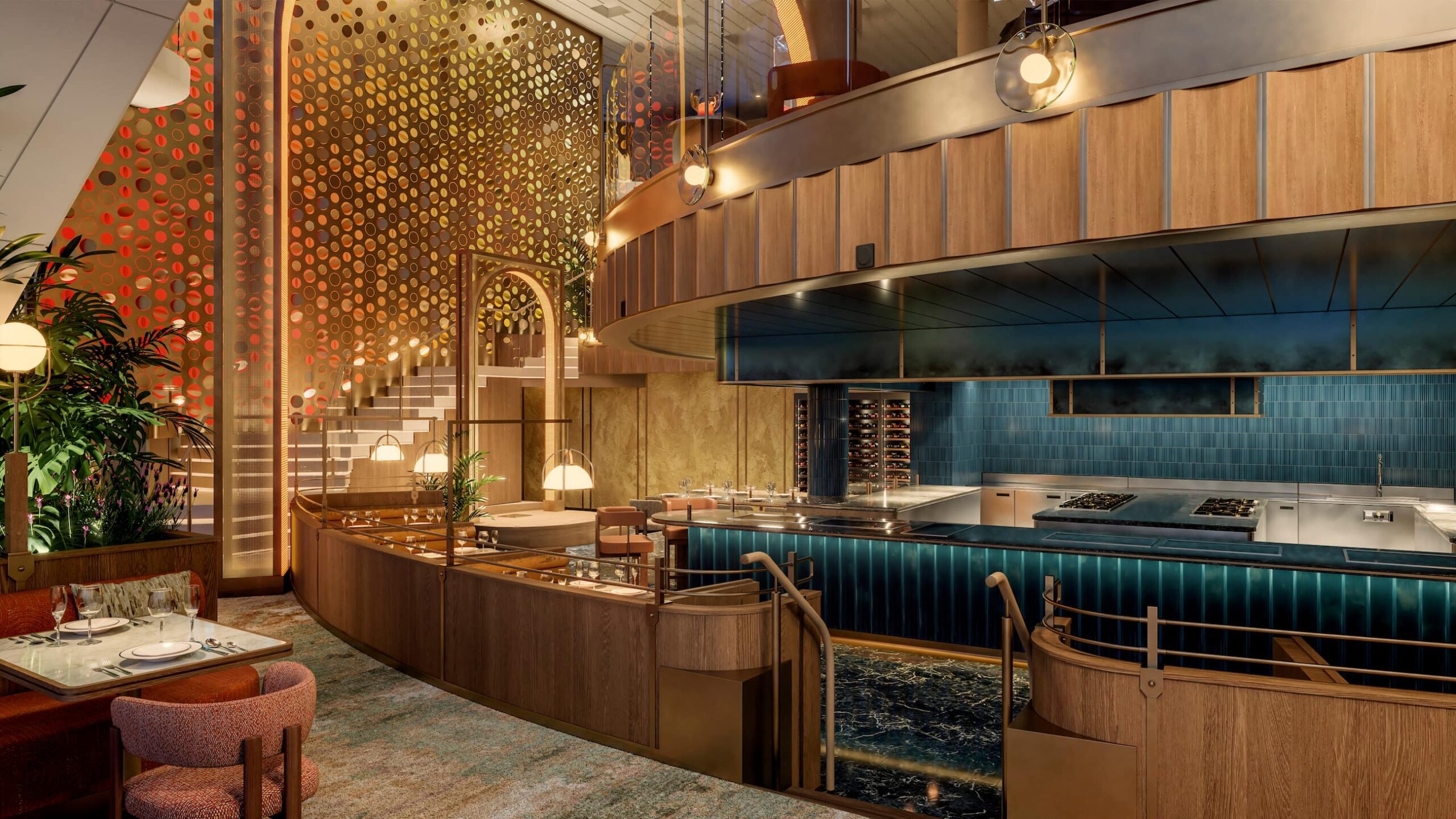 Restaurant Mosaic interior with warm lighting and kitchen area
