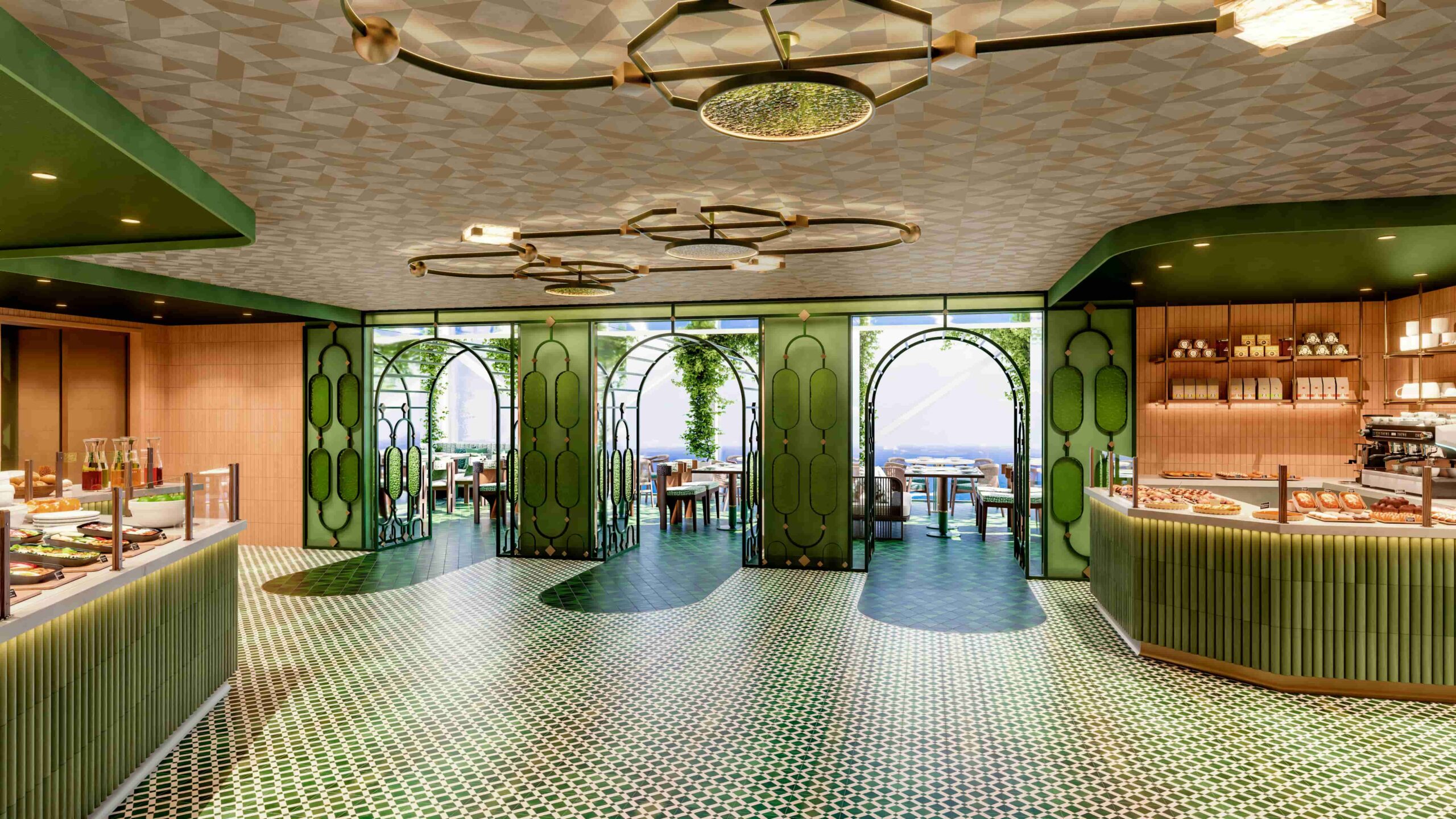 SPICE restaurant interior with green plants and decorative ceiling